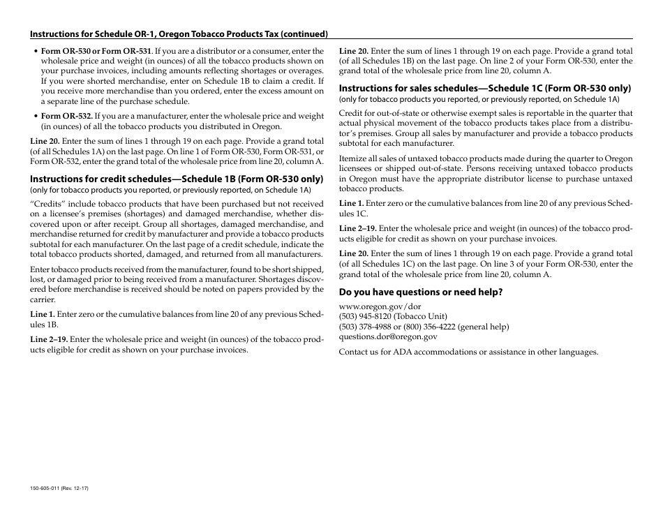 Form 150-605-011 Schedule OR-1 Tobacco Products Tax (Except Moist Snuff and Cigars) - Oregon, Page 3