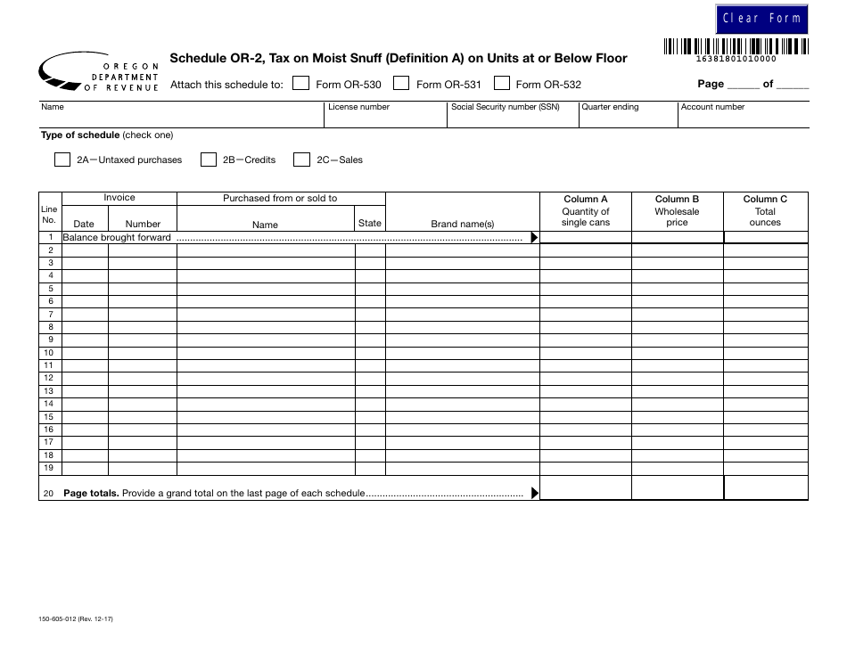 Form 150-605-012 Schedule OR-2 Tax on Moist Snuff (Definition a) on Units at or Below Floor - Oregon, Page 1