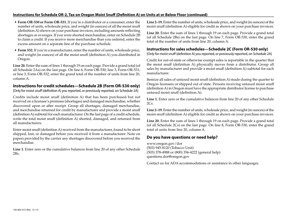 Form 150-605-012 Schedule OR-2 Tax on Moist Snuff (Definition a) on Units at or Below Floor - Oregon, Page 3