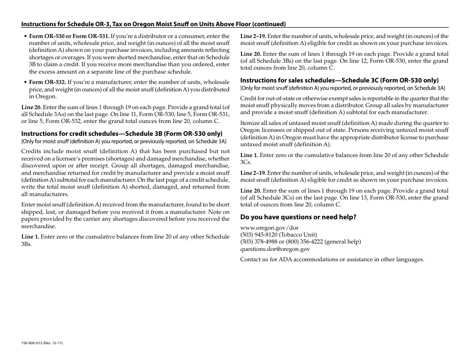 Form 150-605-013 Schedule OR-3 Tax on Moist Snuff (Definition a) on Units Above Floor - Oregon, Page 3
