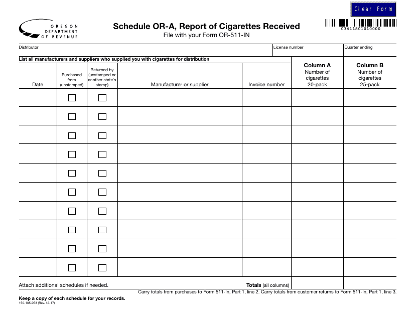 Form 150-105-053 Schedule OR-A Report of Cigarettes Received - Oregon