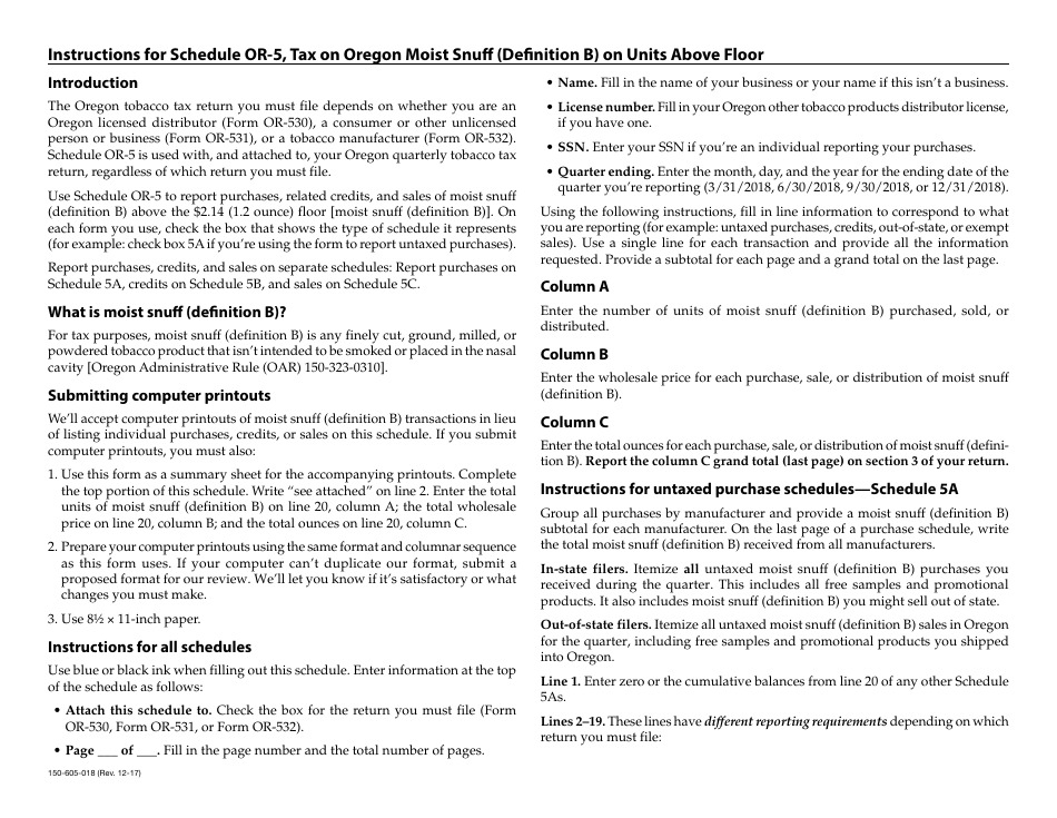 Form 150-605-018 Schedule OR-5 Tax on Moist Snuff (Definition B) on Units Above Floor - Oregon, Page 2