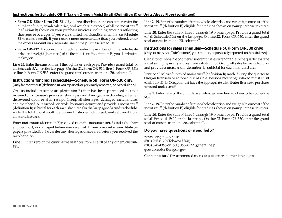 Form 150-605-018 Schedule OR-5 Tax on Moist Snuff (Definition B) on Units Above Floor - Oregon, Page 3
