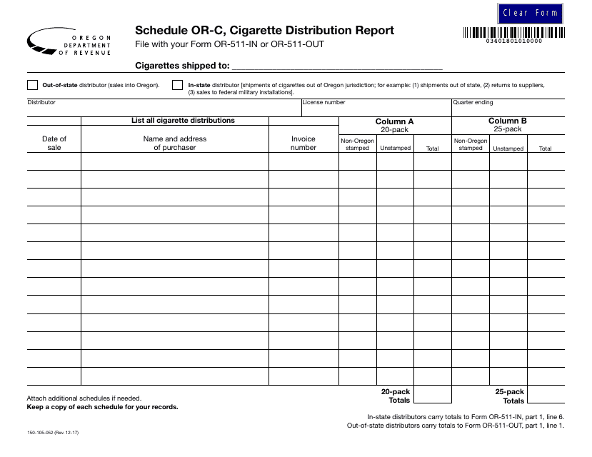 Form 150-105-052 Schedule OR-C Cigarette Distribution Report - Oregon