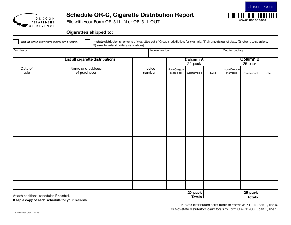 Form 150-105-052 Schedule OR-C Cigarette Distribution Report - Oregon, Page 1