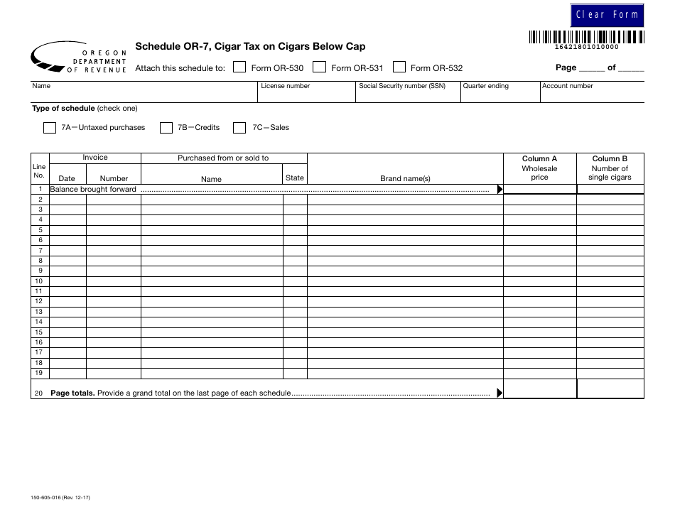 Form 150-605-016 Schedule OR-7 Cigar Tax on Cigars Below Cap - Oregon, Page 1