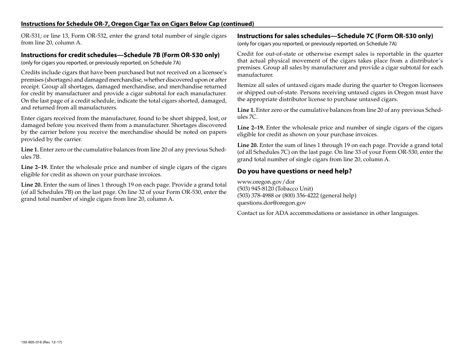 Form 150-605-016 Schedule OR-7 Cigar Tax on Cigars Below Cap - Oregon, Page 3