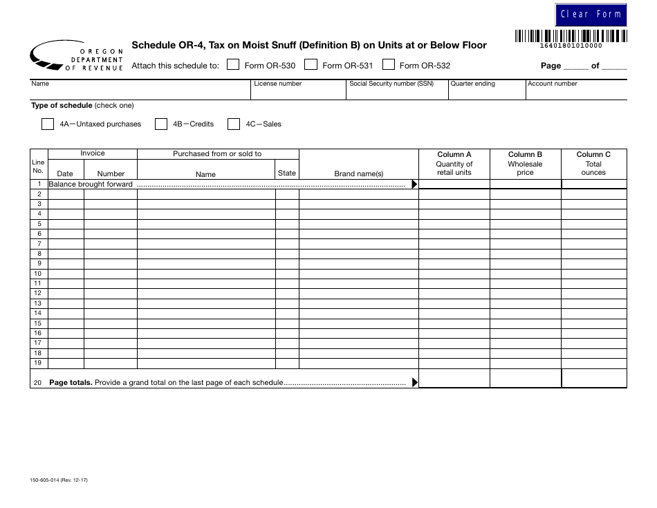 Form 150-605-014 Schedule OR-4 Tax on Moist Snuff (Definition B) on Units at or Below Floor - Oregon, Page 1