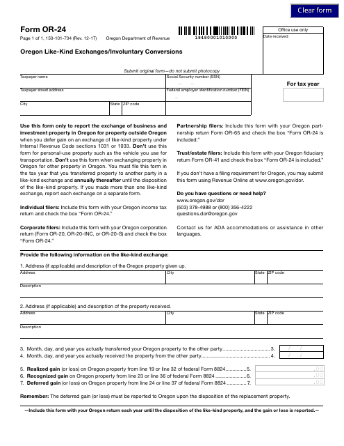 Form OR-24 Oregon Like-Kind Exchanges/Involuntary Conversions - Oregon