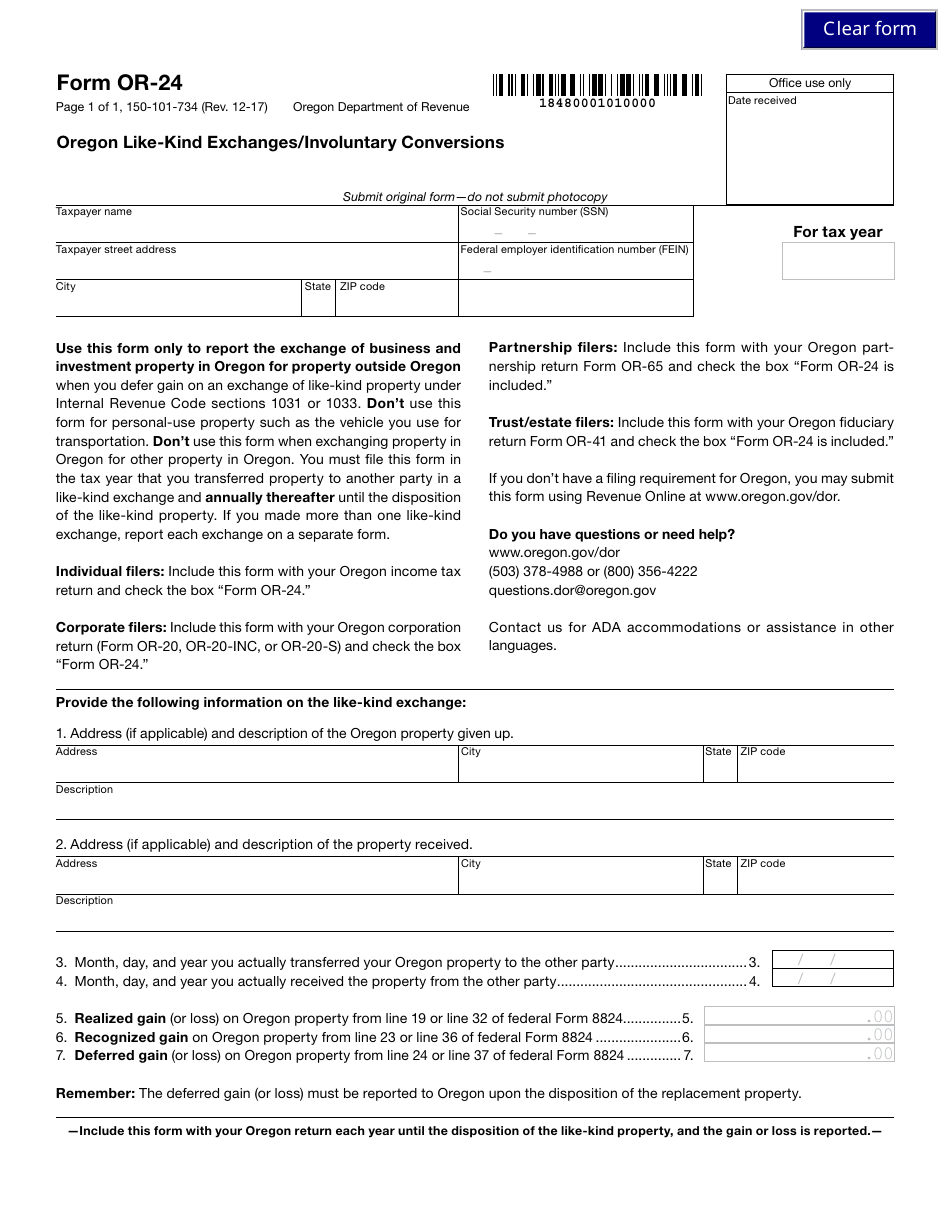 Form OR-24 Oregon Like-Kind Exchanges / Involuntary Conversions - Oregon, Page 1
