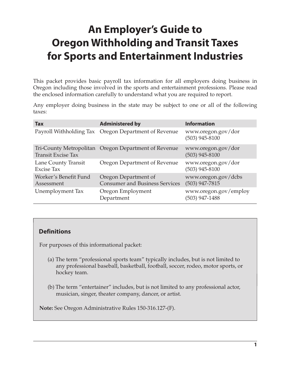 Form 150-206-695 An Employers Guide to Oregon Withholding and Transit Taxes for Sports and Entertainment Industries - Oregon, Page 3