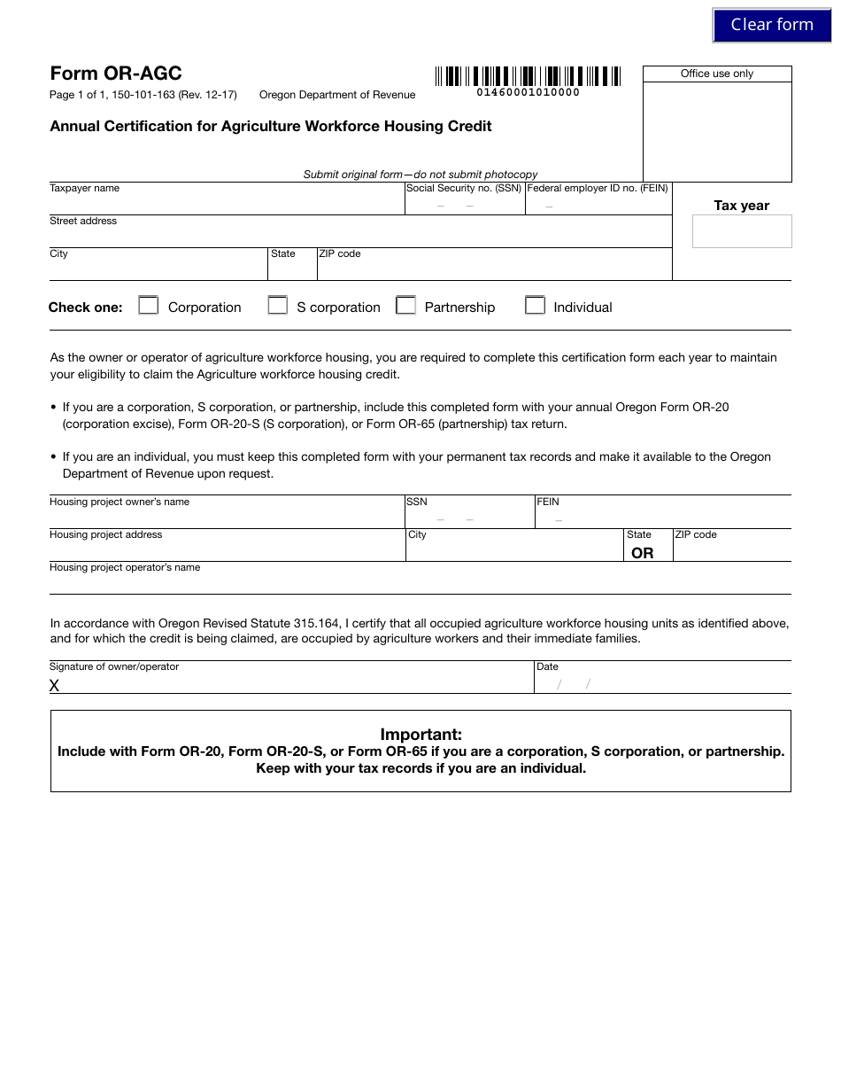Form OR-AGC Annual Certification for Agriculture Workforce Housing Credit - Oregon, Page 1