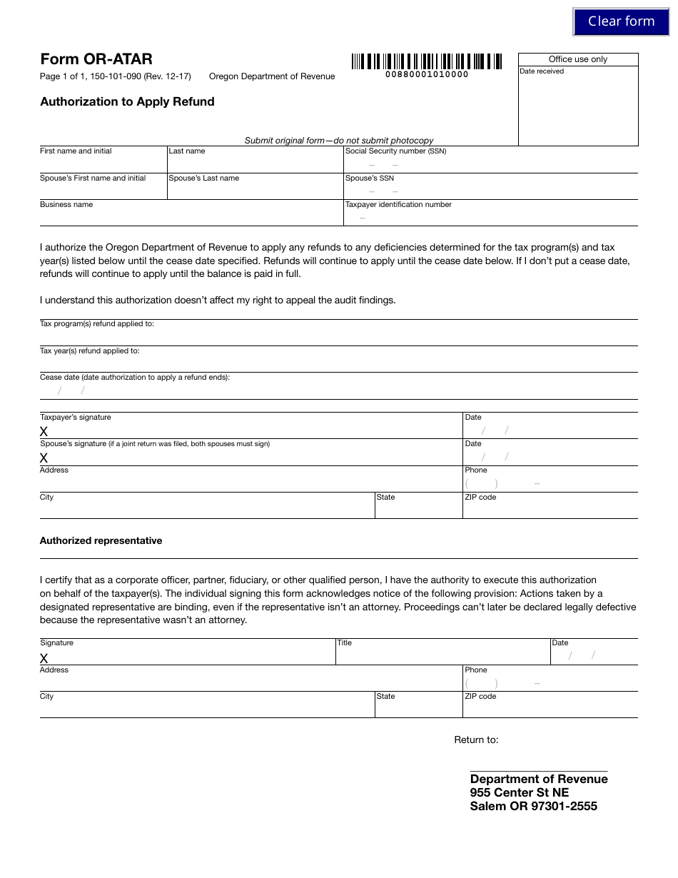 Form OR-ATAR Authorization to Apply Refund - Oregon, Page 1