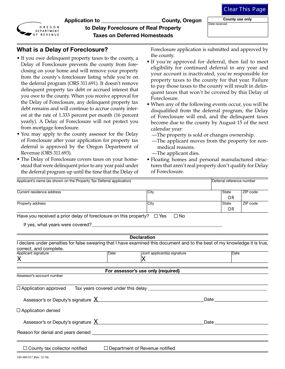 Form 150-490-017 Application to County to Delay Foreclosure of Real Property Taxes on Deferred Homesteads - Oregon, Page 1