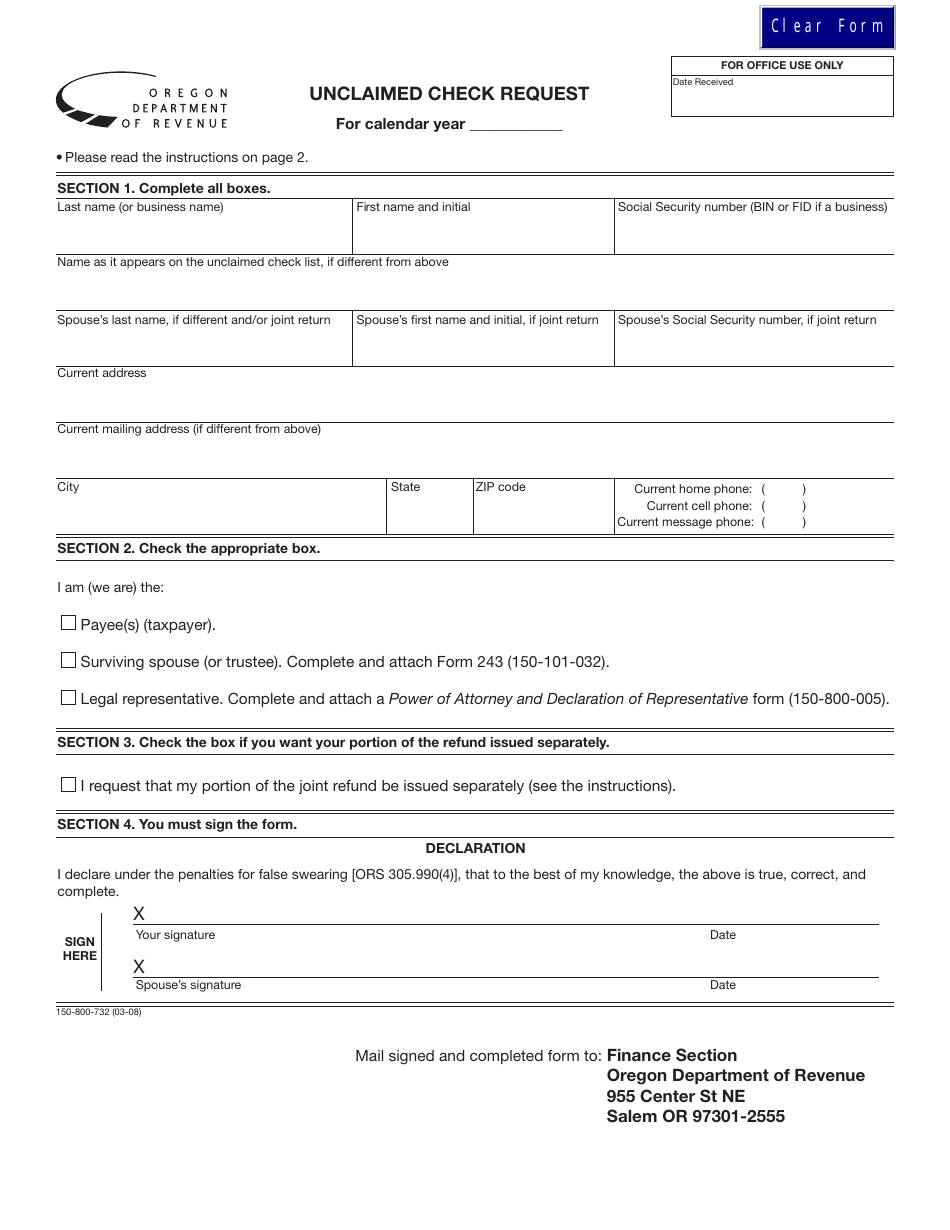 Form 150-800-732 Unclaimed Check Request - Oregon, Page 1