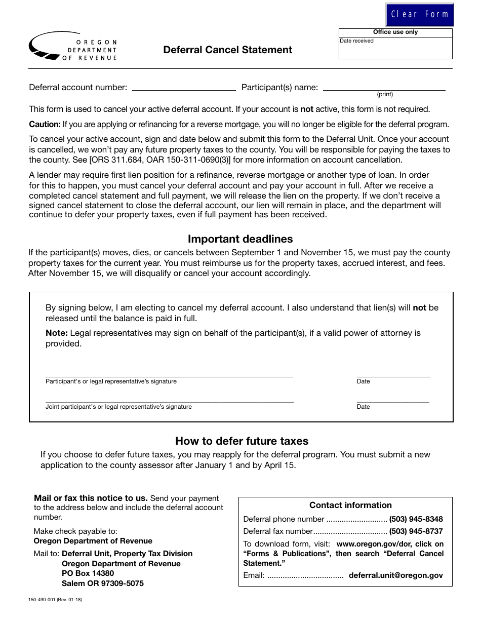 Form 150-490-001 Deferral Cancel Statement - Oregon, Page 1