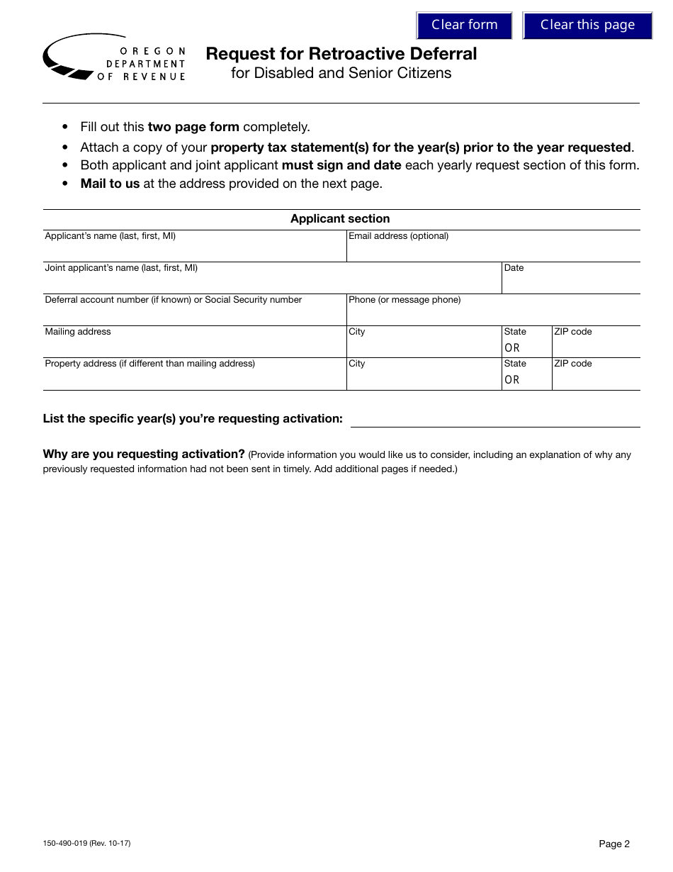 Form 150-490-019 Request for Retroactive Deferral for Disabled and Senior Citizens - Oregon, Page 2