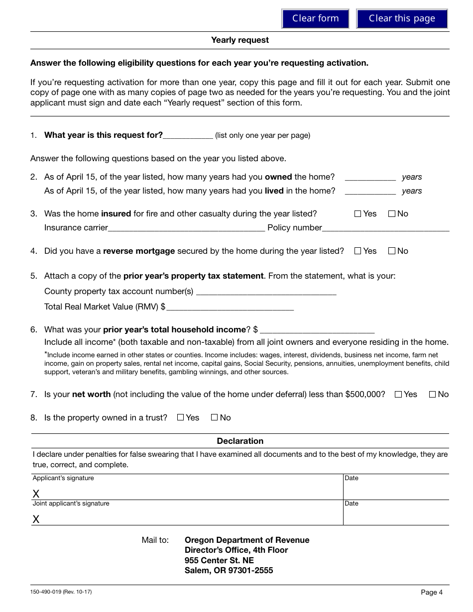 Form 150-490-019 Request for Retroactive Deferral for Disabled and Senior Citizens - Oregon, Page 3