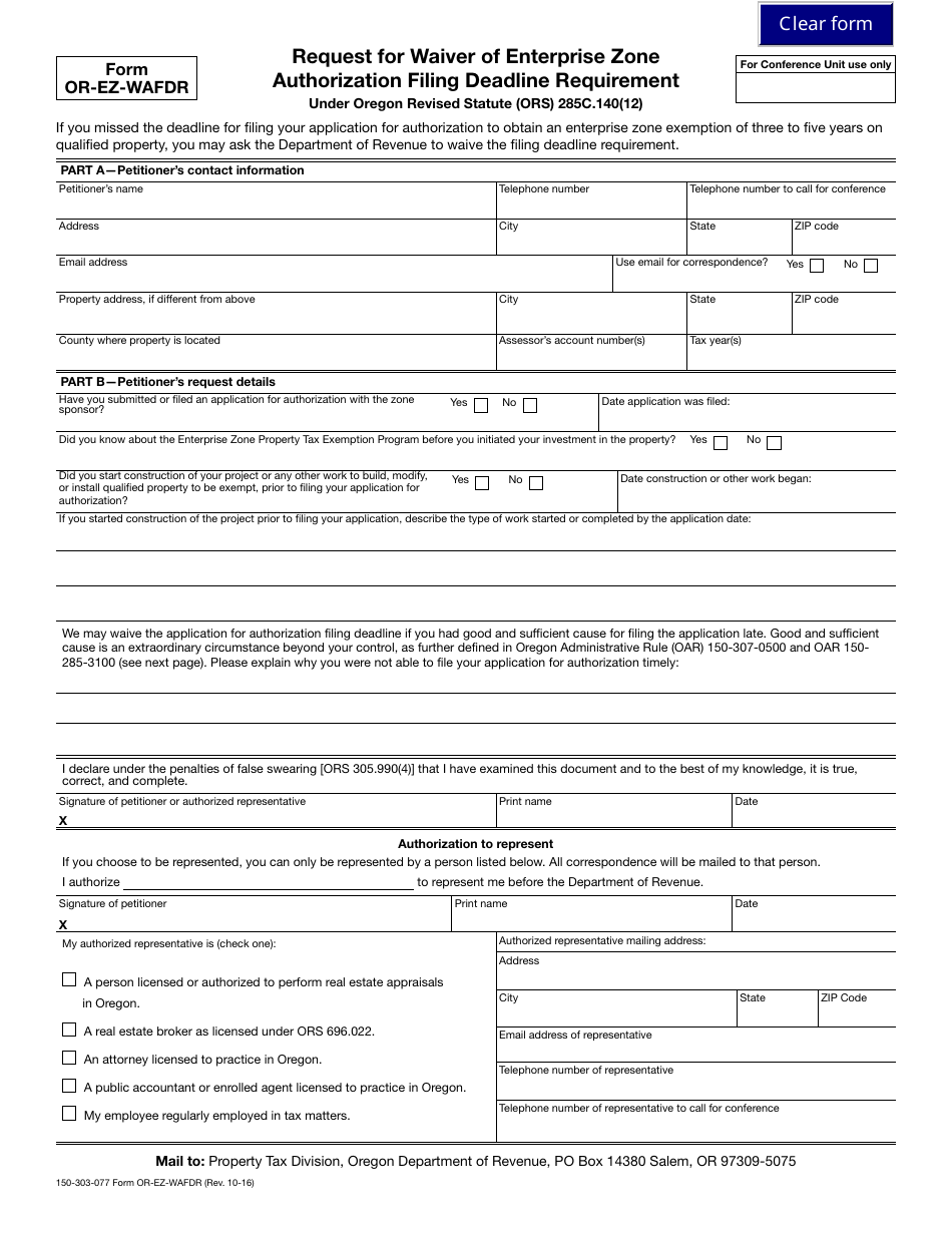 Form OR-EZ-WAFDR Request for Waiver of Enterprise Zone Authorization Filing Deadline Requirement - Oregon, Page 1
