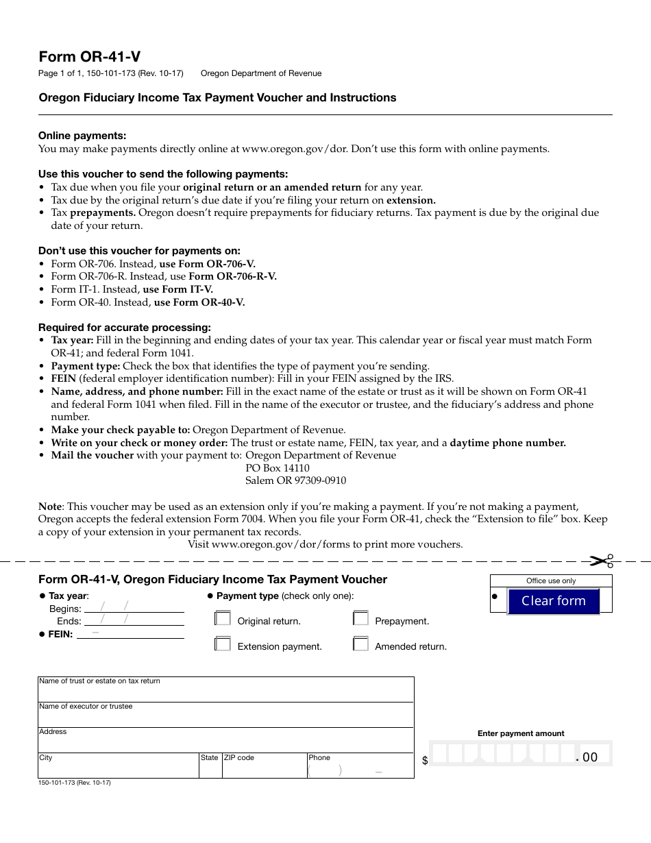 Form OR-41-V Oregon Fiduciary Income Tax Payment Voucher - Oregon, Page 1