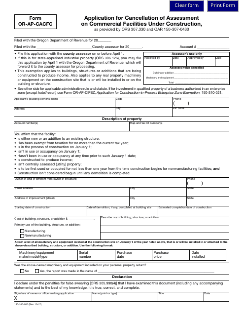 Form OR-AP-CACFC Application for Cancellation of Assessment on Commercial Facilities Under Construction - Oregon