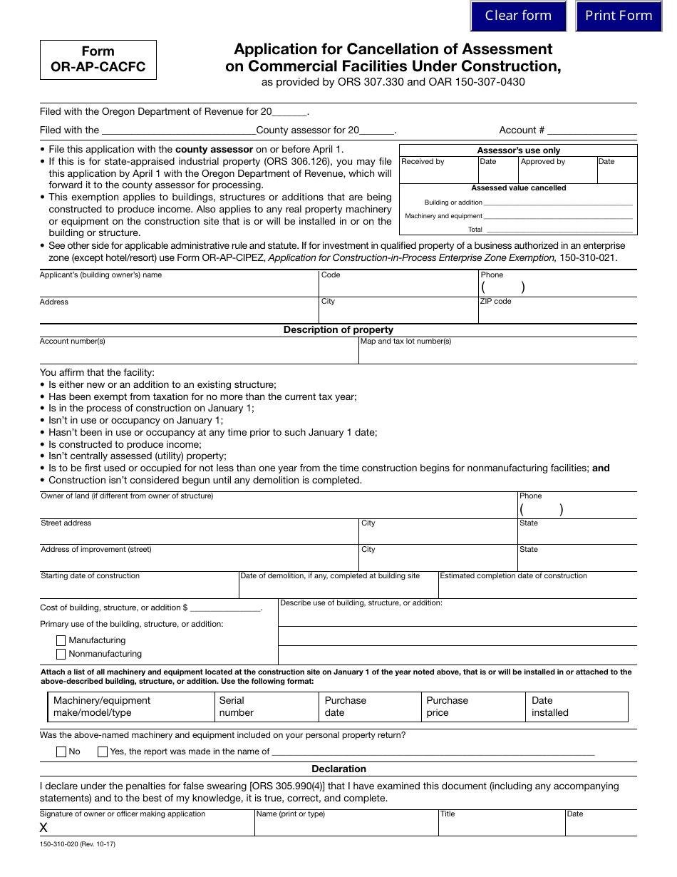 Form OR-AP-CACFC Application for Cancellation of Assessment on Commercial Facilities Under Construction - Oregon, Page 1