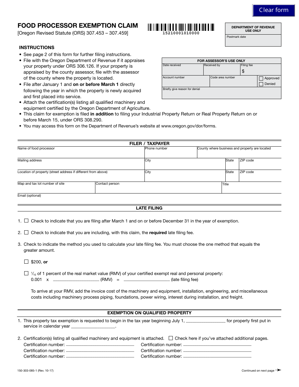 Form 150-303-085-1 Food Processor Exemption Claim - Oregon, Page 1