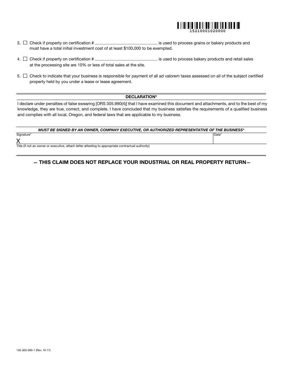 Form 150-303-085-1 Food Processor Exemption Claim - Oregon, Page 2