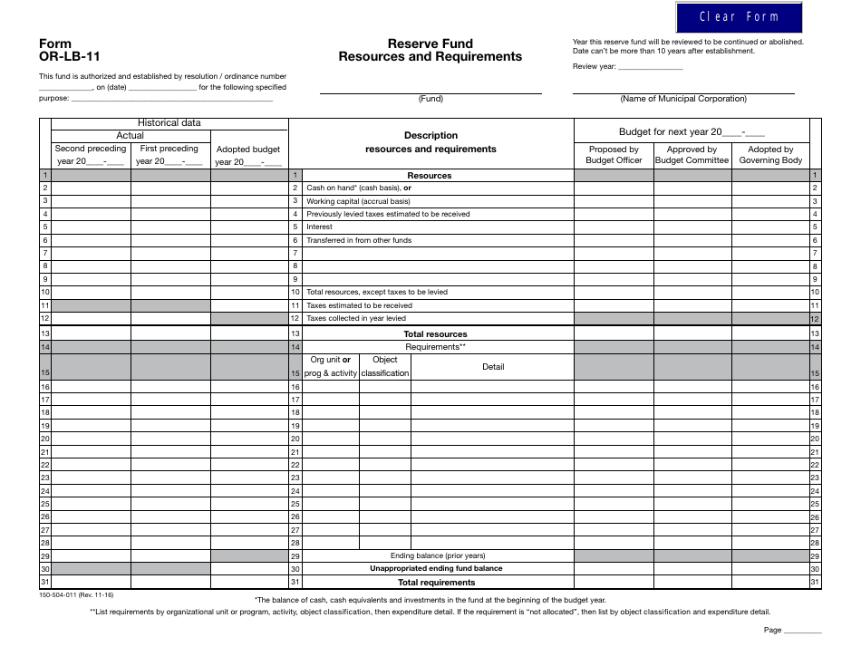 Form OR-LB-11 Reserve Fund - Resources and Requirements - Oregon, Page 1