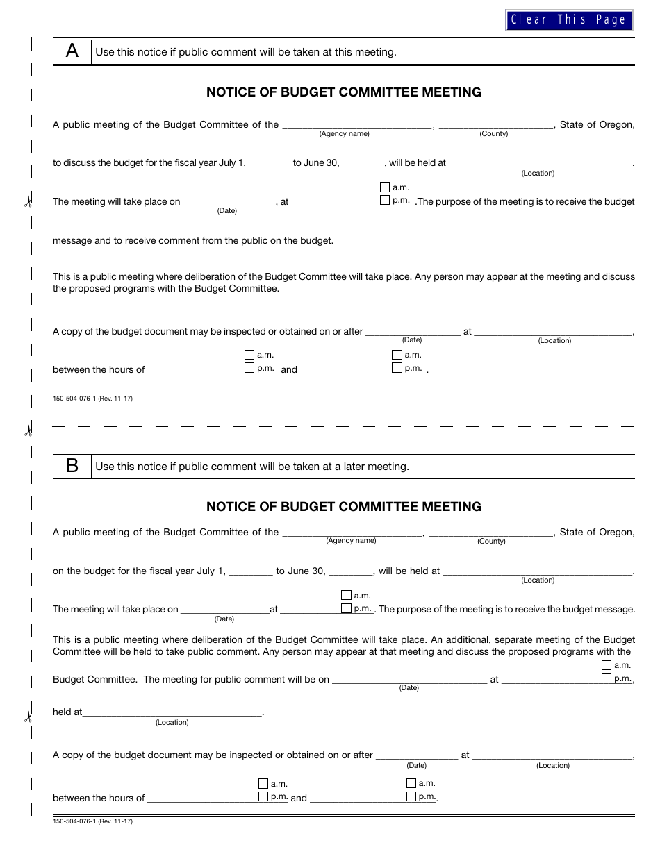 Form 150-504-076-1 Notice of Budget Committee Meeting - Oregon, Page 1