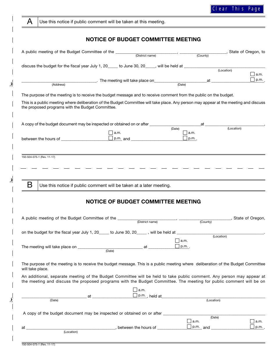 Form 150-504-075-1 Notice of Budget Committee Meeting - Oregon, Page 1