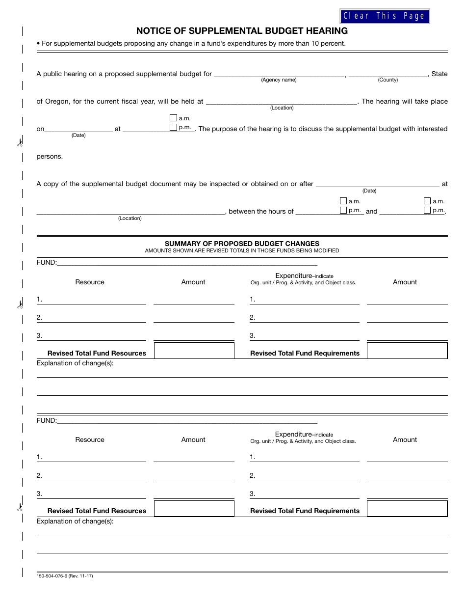 Form 150-504-076-6 Notice of Supplemental Budget Hearing - Oregon, Page 1