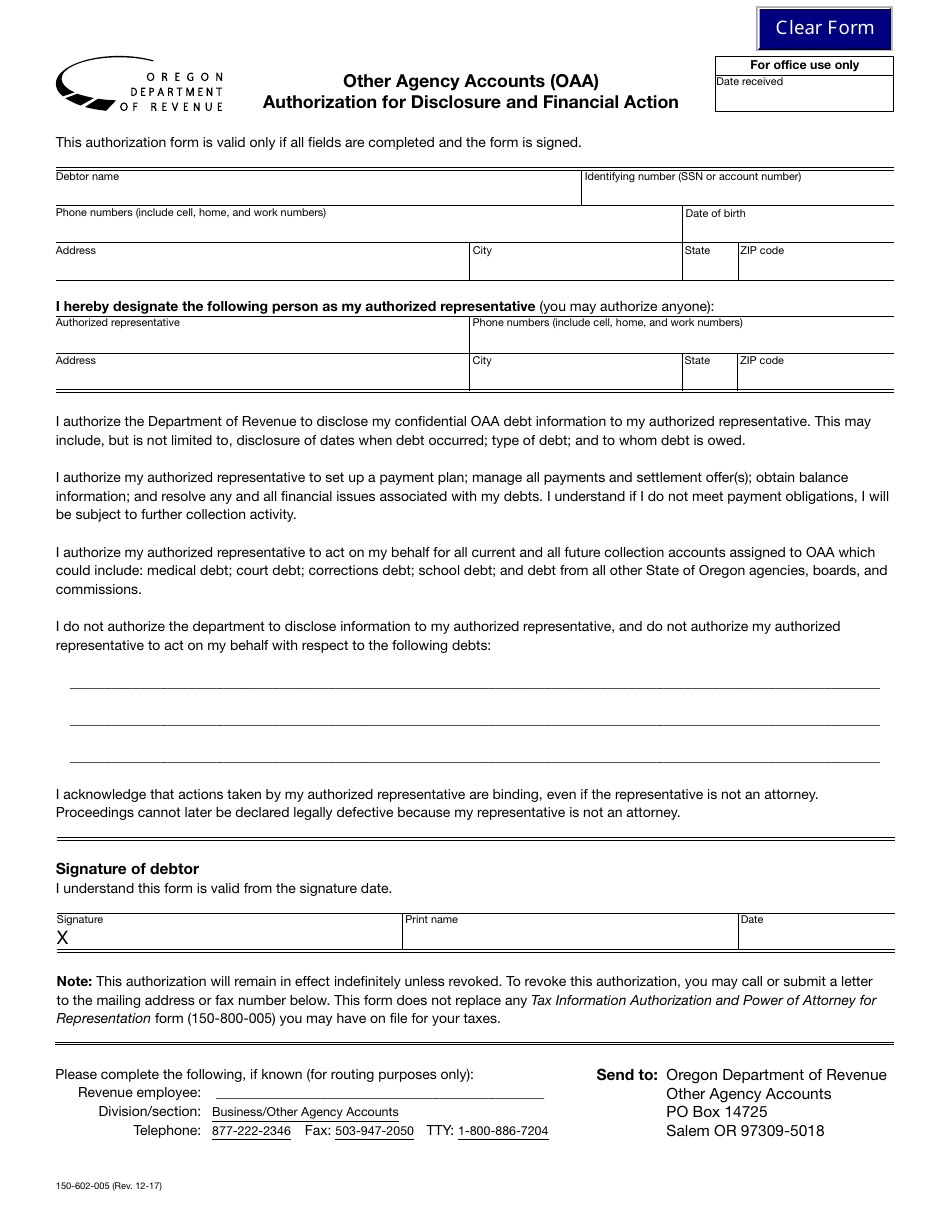 Form 150-602-005 Other Agency Accounts (Oaa) - Authorization for Disclosure and Financial Action - Oregon, Page 1
