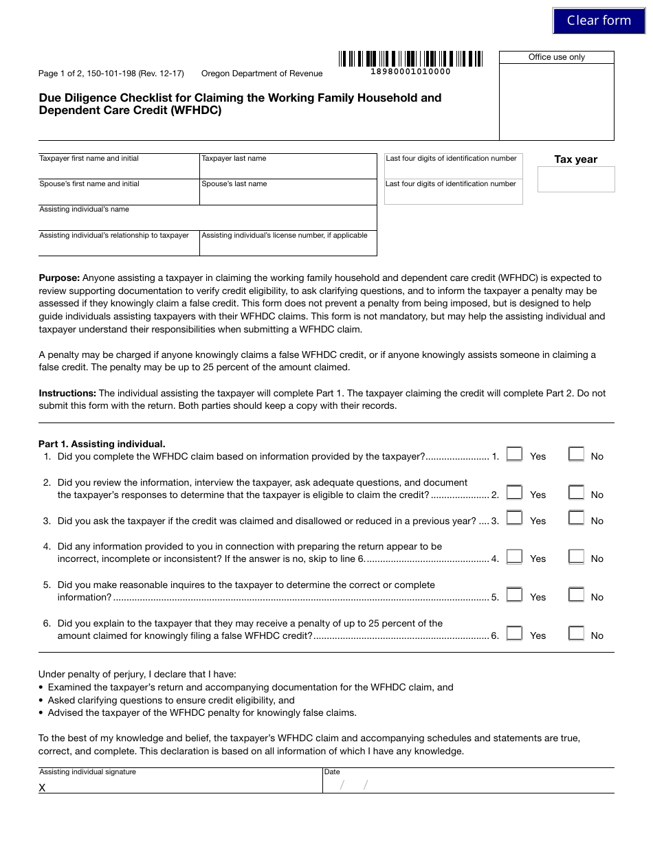 Form 150-101-198 Due Diligence Checklist for Claiming the Working Family Household and Dependent Care Credit (Wfhdc) - Oregon, Page 1