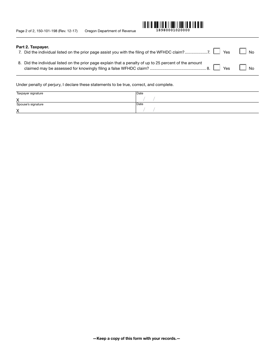 Form 150-101-198 Due Diligence Checklist for Claiming the Working Family Household and Dependent Care Credit (Wfhdc) - Oregon, Page 2