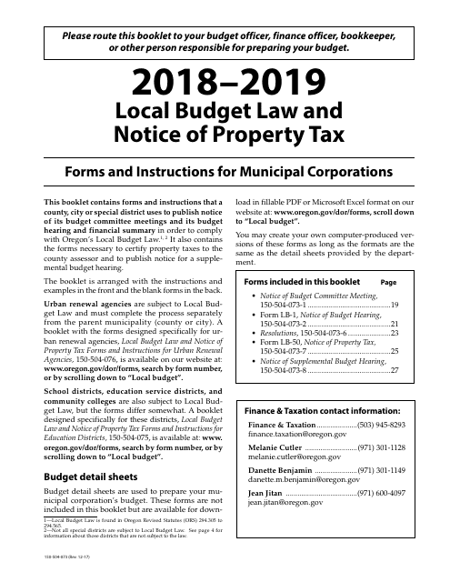 Form 150-504-073 Local Budget Law and Notice of Property Tax - Forms and Instructions for Municipal Corporations - Oregon, 2019