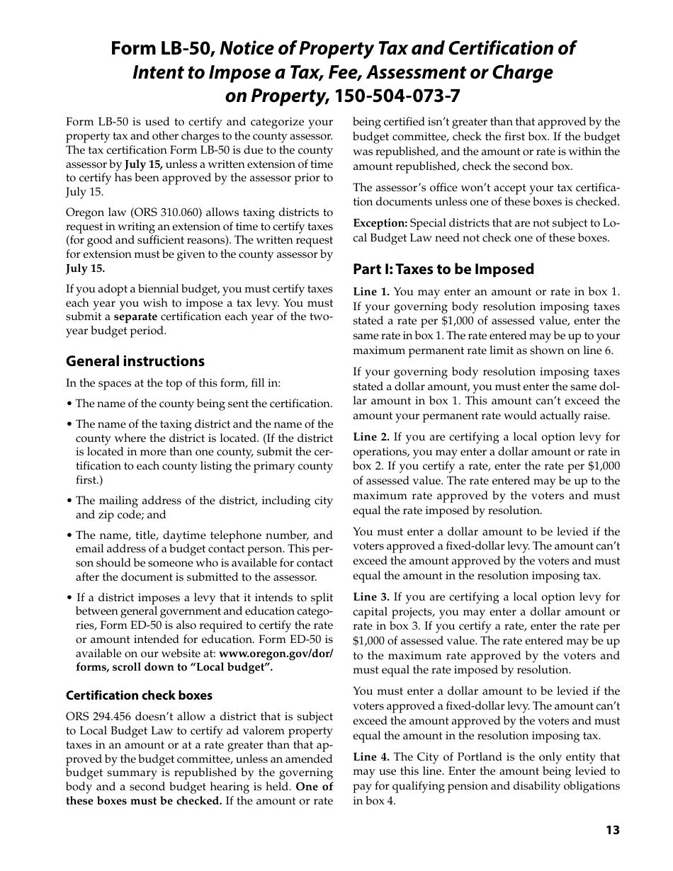 Form 150-504-073 Local Budget Law and Notice of Property Tax - Forms and Instructions for Municipal Corporations - Oregon, Page 13