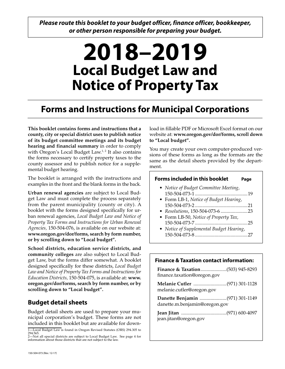 Form 150-504-073 Local Budget Law and Notice of Property Tax - Forms and Instructions for Municipal Corporations - Oregon, Page 1