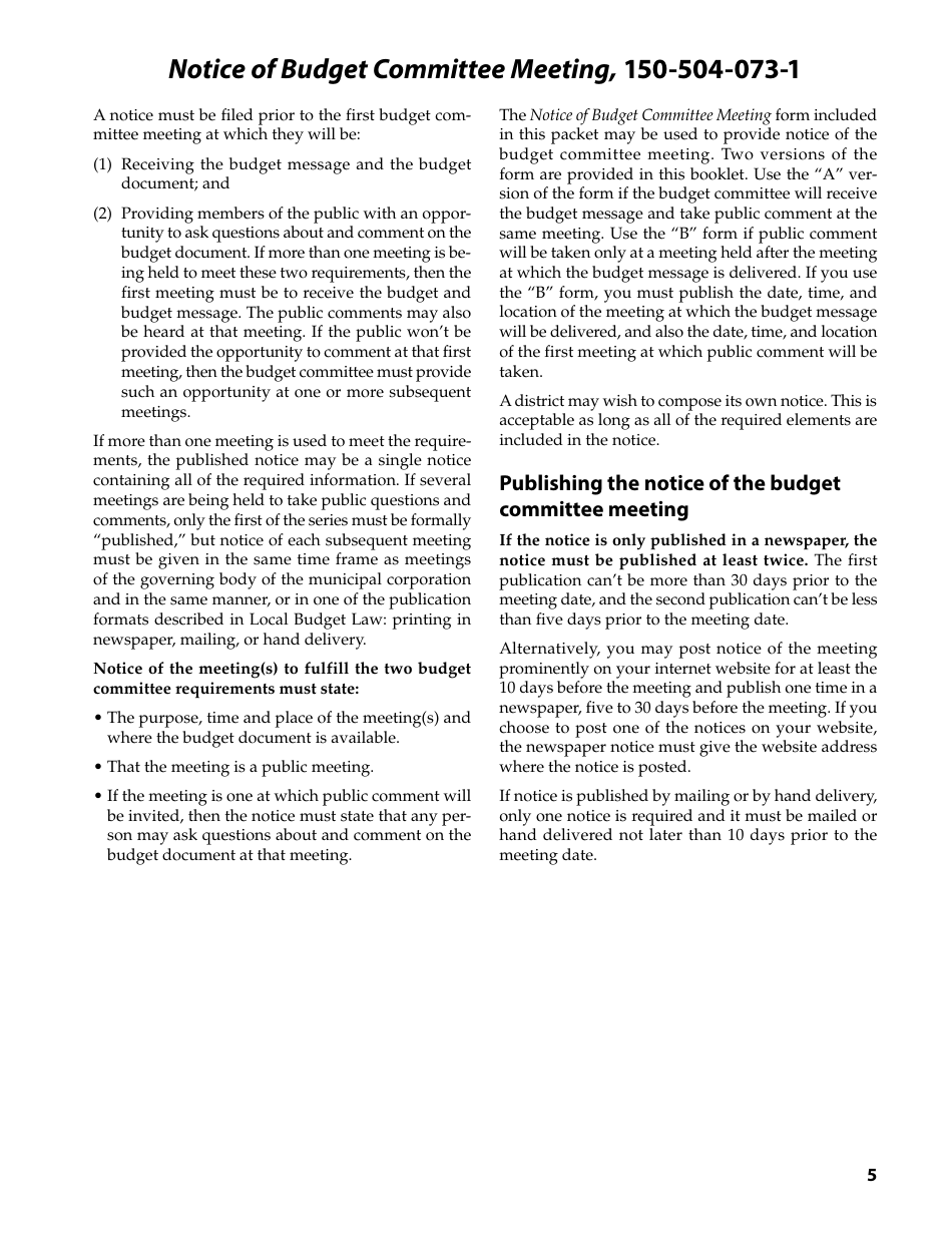 Form 150-504-073 Local Budget Law and Notice of Property Tax - Forms and Instructions for Municipal Corporations - Oregon, Page 5