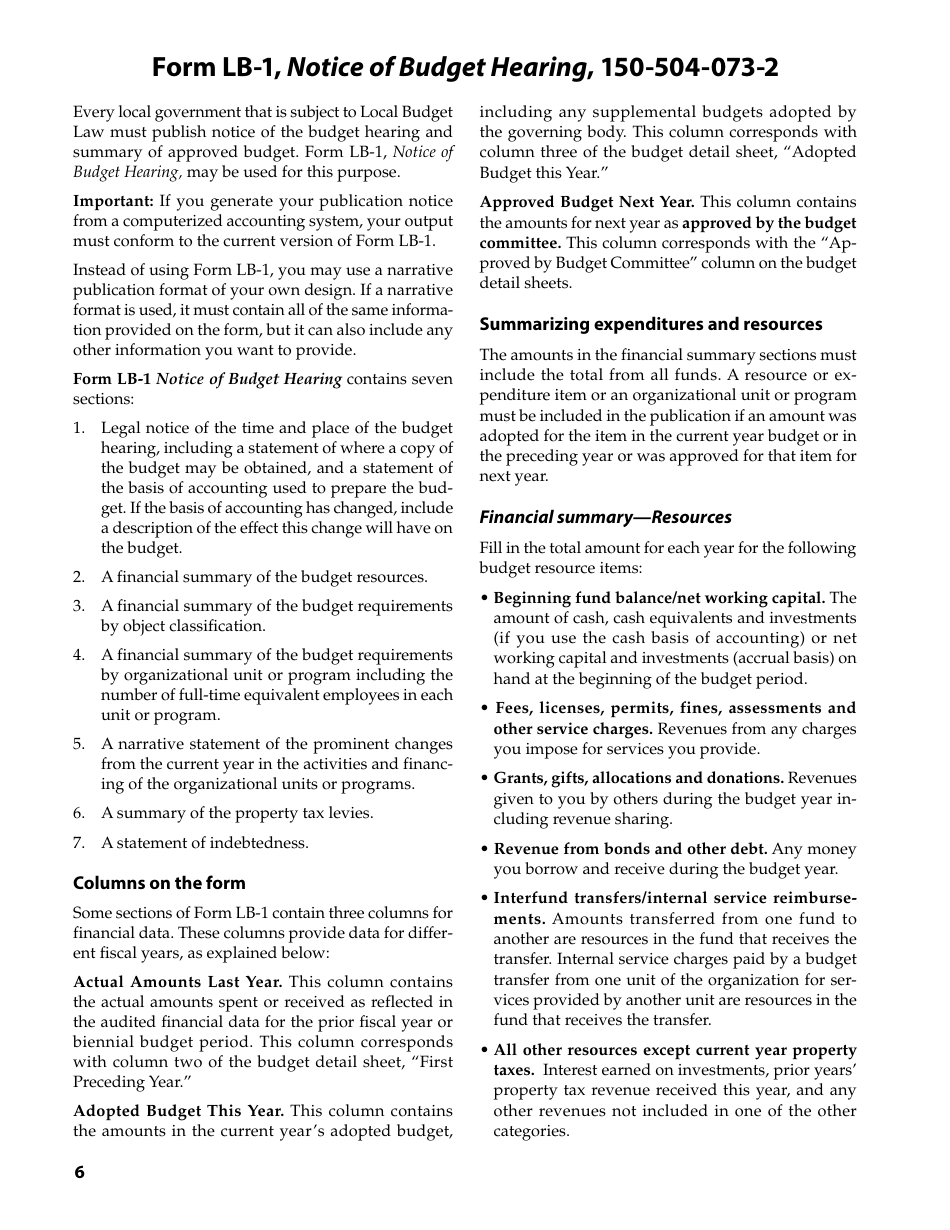 Form 150-504-073 Local Budget Law and Notice of Property Tax - Forms and Instructions for Municipal Corporations - Oregon, Page 6