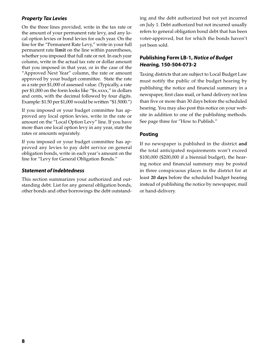 Form 150-504-073 Local Budget Law and Notice of Property Tax - Forms and Instructions for Municipal Corporations - Oregon, Page 8