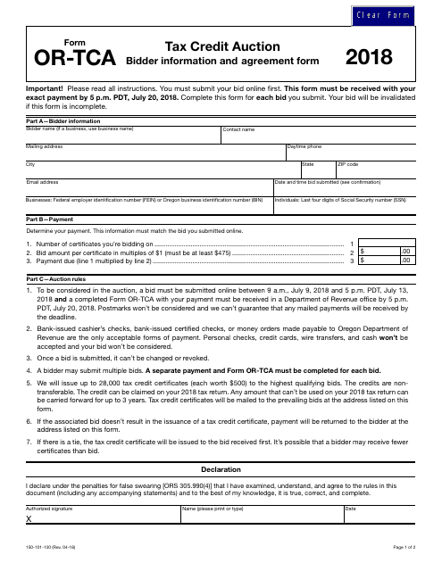 Form OR-TCA Tax Credit Auction - Bidder Information and Agreement Form - Oregon
