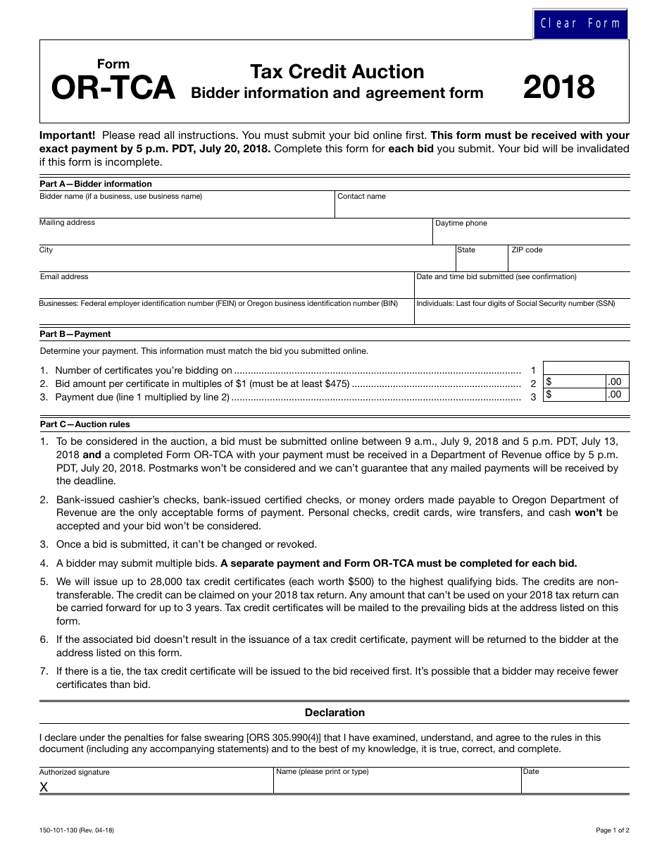 Form OR-TCA Tax Credit Auction - Bidder Information and Agreement Form - Oregon, Page 1