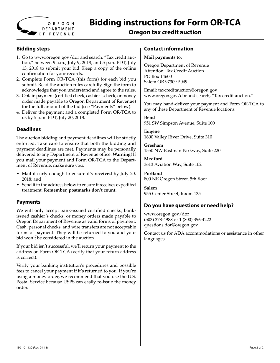 Form OR-TCA Tax Credit Auction - Bidder Information and Agreement Form - Oregon, Page 2