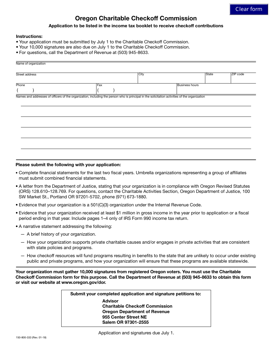 Form 150-800-333 Application to Be Listed in the Income Tax Booklet to Receive Checkoff Contributions - Oregon, Page 1
