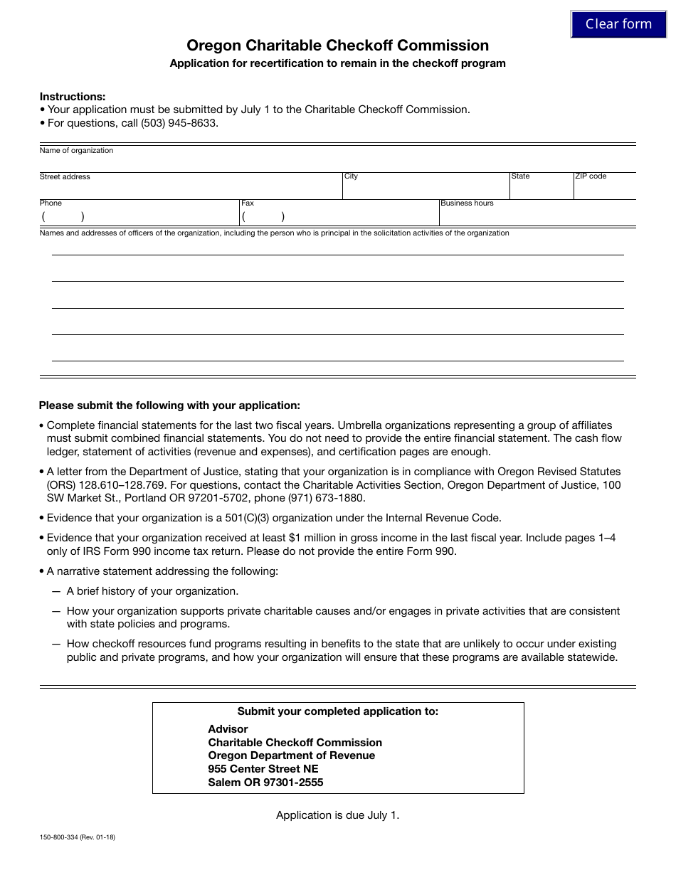 Form 150-800-334 Application for Recertification to Remain in the Checkoff Program - Oregon, Page 1
