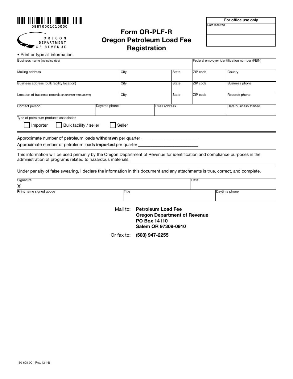 Form OR-PLF-R Oregon Petroleum Load Fee Registration - Oregon, Page 1