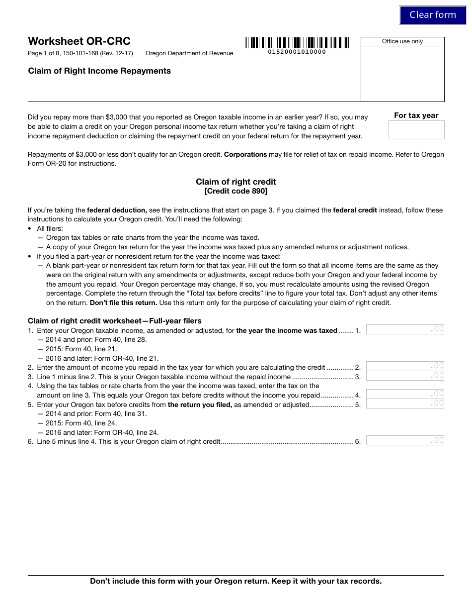Form 150-101-168 Worksheet or-Crc - Claim of Right Income Repayments - Oregon, Page 1
