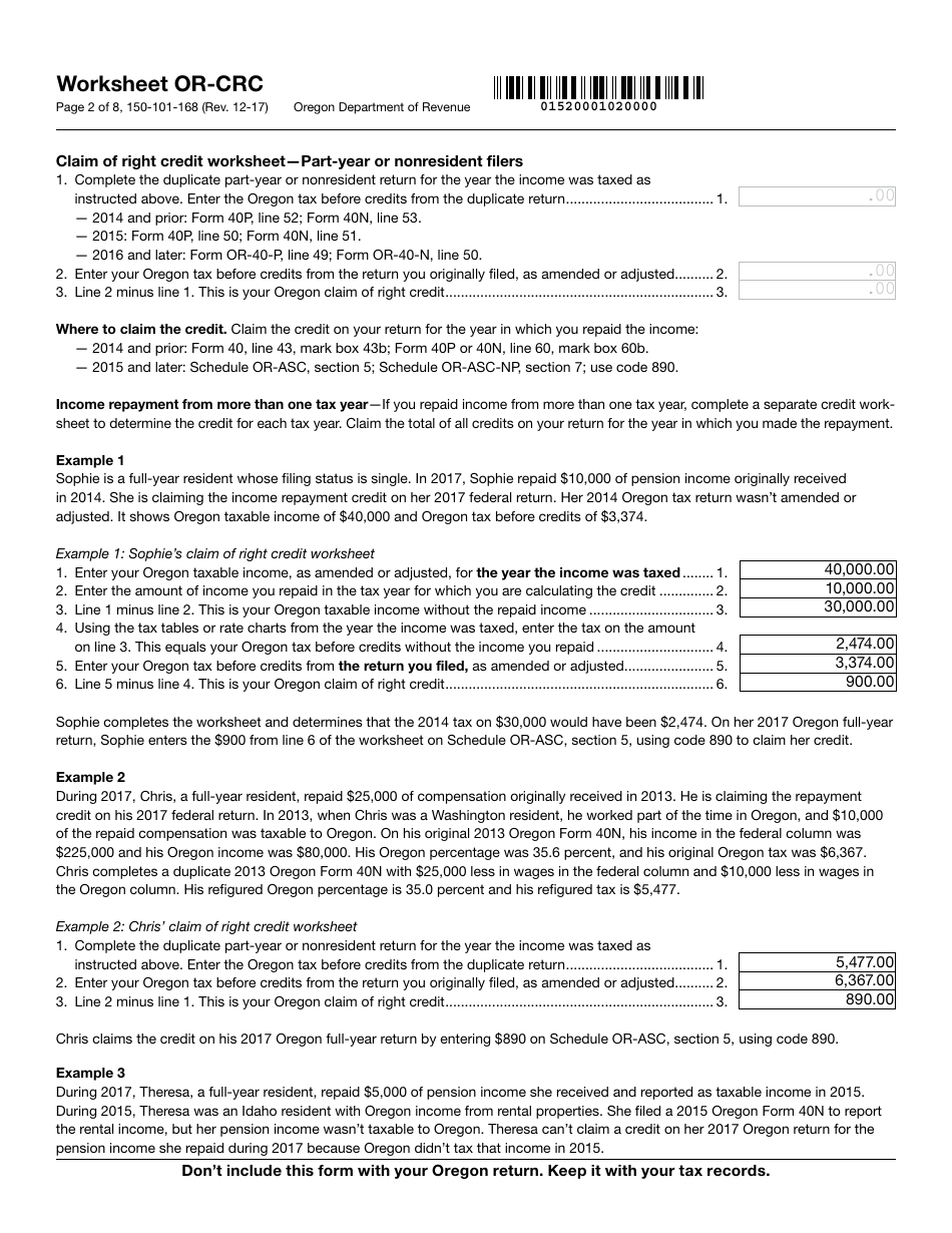 Form 150-101-168 Worksheet or-Crc - Claim of Right Income Repayments - Oregon, Page 2