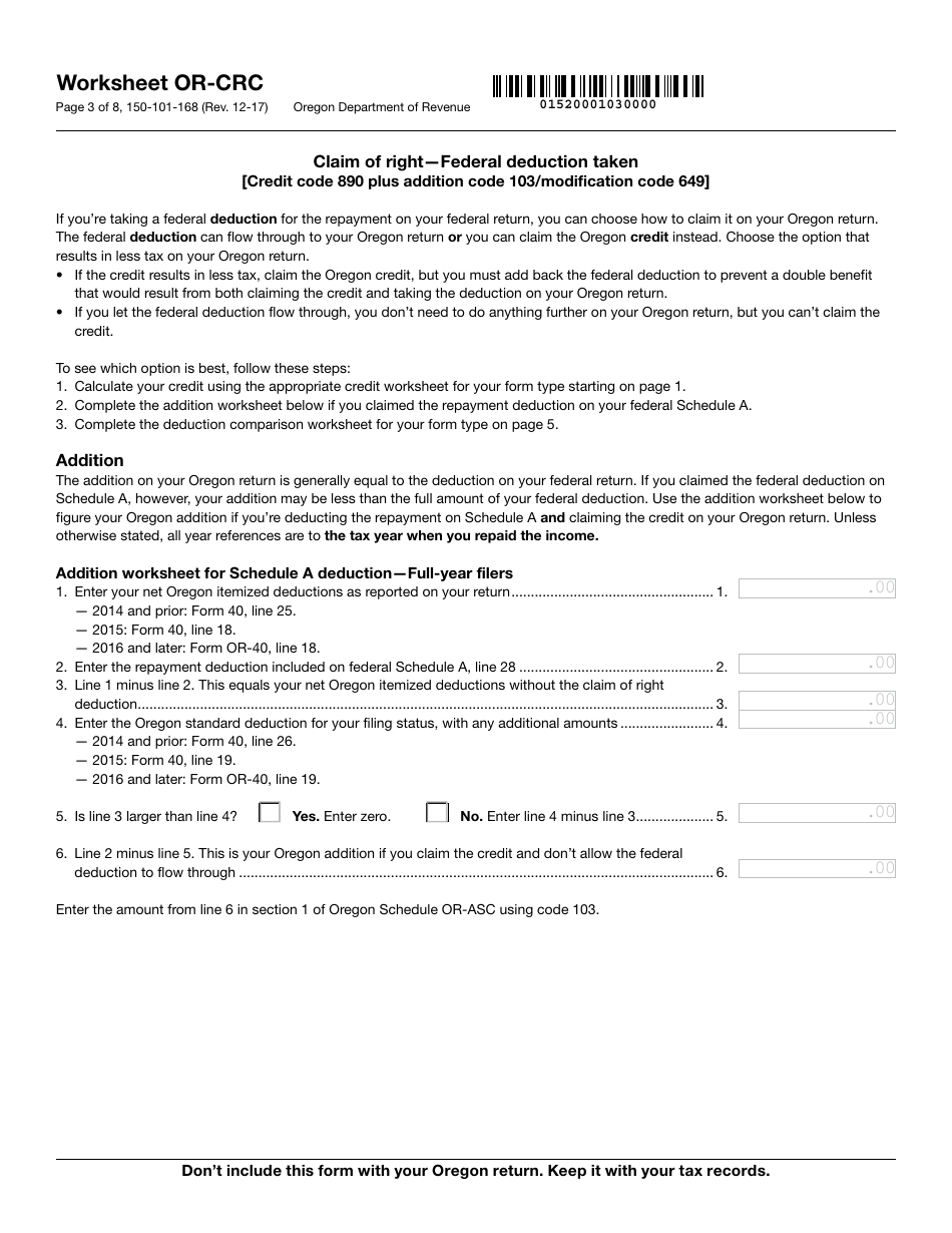 Form 150-101-168 Worksheet or-Crc - Claim of Right Income Repayments - Oregon, Page 3